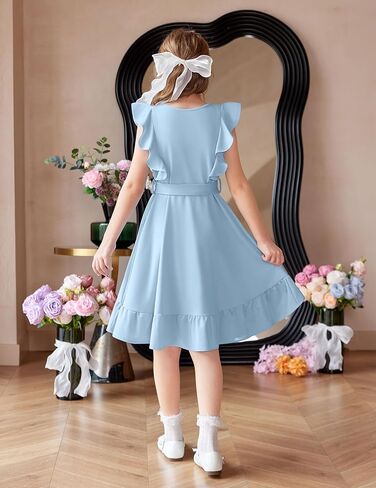 Arshiner Girls Spring Summer Dresses Flutter Sleeve A-line with Belted Pockets Casual Party Dress for Kids 6-16 Years in Kuwait