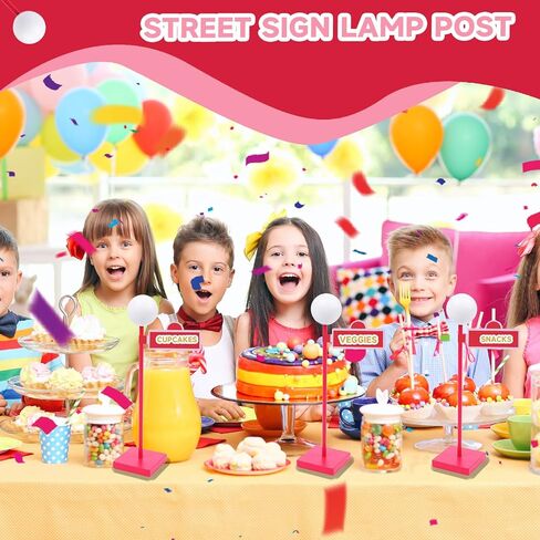 6 Pcs 8'' Street Sign Lamp Post Centerpiece Wooden Lamp Post with 24 Street Party Sign Stickers 3D Ball Shape Street Sign Props for Friends Birthday Decorations City Road Theme Party Decoration in Kuwait