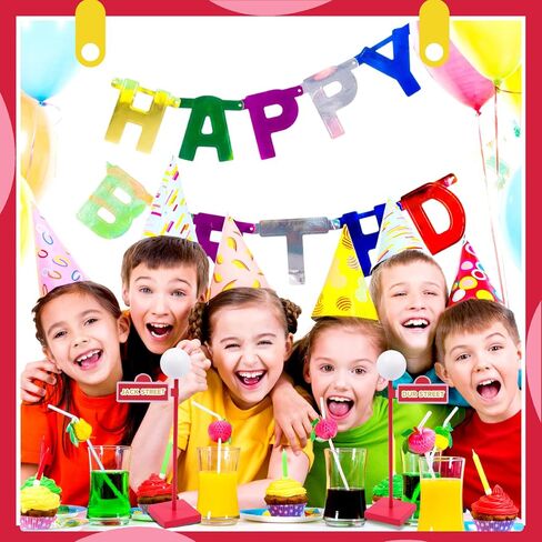 6 Pcs 8'' Street Sign Lamp Post Centerpiece Wooden Lamp Post with 24 Street Party Sign Stickers 3D Ball Shape Street Sign Props for Friends Birthday Decorations City Road Theme Party Decoration in Kuwait