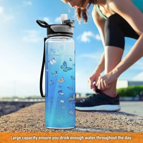زجاجة ماء مع الأقواس الكرتونية القش ، الزجاجات الرياضية الزرقاء الشريط الأزرق BPA خالية من تريتان مياه ، مع حزام حمل للنساء صالة الألعاب الرياضية in Kuwait