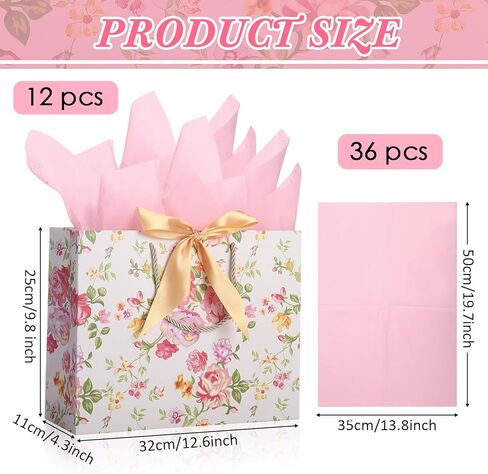 Kolldenn 20 Set 12.6" Large Mother Day Floral Horizontal Gift Bag with 60 Pcs Tissue Paper, Vintage Floral with Gold Bow and Handles for Nurses, Bridal Shower, Graduation, New Mom, Women Birthday in Kuwait