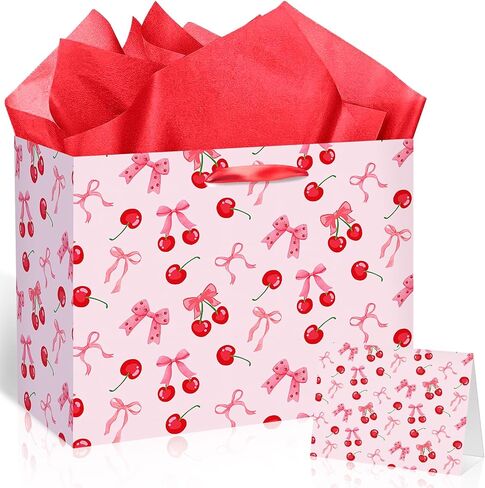 Cherry Birthday Party Gift Bag, Coquette Cherry Wrapping Bag with Tissue Paper and Card Flower Fruit Themed Wrapping Paper for Girls Kids Teens Baby Shower Women Birthday Party Favors in Saudi Arabia