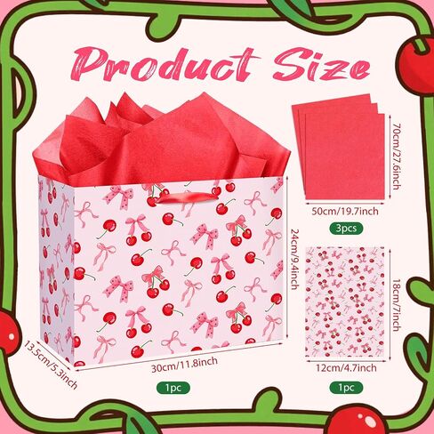 Cherry Birthday Party Gift Bag, Coquette Cherry Wrapping Bag with Tissue Paper and Card Flower Fruit Themed Wrapping Paper for Girls Kids Teens Baby Shower Women Birthday Party Favors in Saudi Arabia