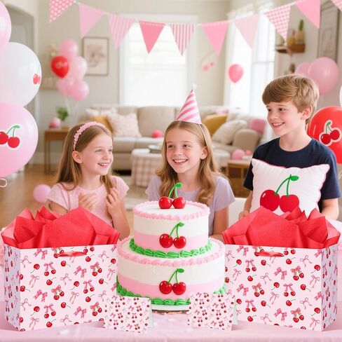 Cherry Birthday Party Gift Bag, Coquette Cherry Wrapping Bag with Tissue Paper and Card Flower Fruit Themed Wrapping Paper for Girls Kids Teens Baby Shower Women Birthday Party Favors in Saudi Arabia
