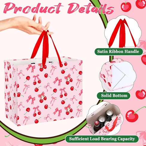 Cherry Birthday Party Gift Bag, Coquette Cherry Wrapping Bag with Tissue Paper and Card Flower Fruit Themed Wrapping Paper for Girls Kids Teens Baby Shower Women Birthday Party Favors in Saudi Arabia