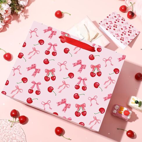 Cherry Birthday Party Gift Bag, Coquette Cherry Wrapping Bag with Tissue Paper and Card Flower Fruit Themed Wrapping Paper for Girls Kids Teens Baby Shower Women Birthday Party Favors in Saudi Arabia