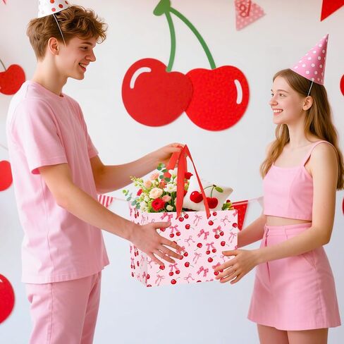 Cherry Birthday Party Gift Bag, Coquette Cherry Wrapping Bag with Tissue Paper and Card Flower Fruit Themed Wrapping Paper for Girls Kids Teens Baby Shower Women Birthday Party Favors in Saudi Arabia