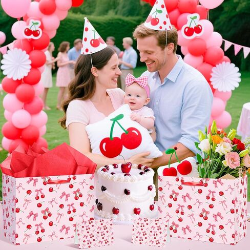 Cherry Birthday Party Gift Bag, Coquette Cherry Wrapping Bag with Tissue Paper and Card Flower Fruit Themed Wrapping Paper for Girls Kids Teens Baby Shower Women Birthday Party Favors in Saudi Arabia