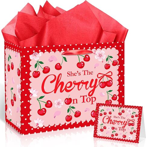 Cherry Birthday Party Gift Bag, Coquette Cherry Wrapping Bag with Tissue Paper and Card Flower Fruit Themed Wrapping Paper for Girls Kids Teens Baby Shower Women Birthday Party Favors in Saudi Arabia