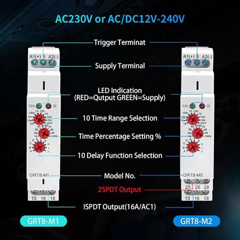 Multifunction Time Relay, 16A Delay ON Off GRT8-M1 AC DC 12-240V with 10 Relay Timer Control Delay Function Mode DIN Rail Electronic Relays of Wide Time Delay Range for 0.1 Seconds to 10 Days in Kuwait
