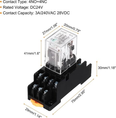 MECCANIXITY 1Pcs DC 24V Electromagnetic Power Relay, 14-Pin 3A Power Coil Relay with LED Indicator and Socket Base DPDT 4NO 4NC - MY4NJ for Industrial, Home Appliances and DIN Rail System in Kuwait