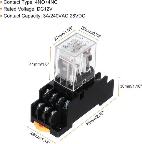 MECCANIXITY 1Pcs DC 24V Electromagnetic Power Relay, 14-Pin 3A Power Coil Relay with LED Indicator and Socket Base DPDT 4NO 4NC - MY4NJ for Industrial, Home Appliances and DIN Rail System in Kuwait