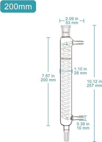stonylab Graham Condenser, 7.87 inch Small Cooling Path, 14/20 Joint, Laboratory Glassware for Precise Microscale Condensation and Reflux Processes in Saudi Arabia