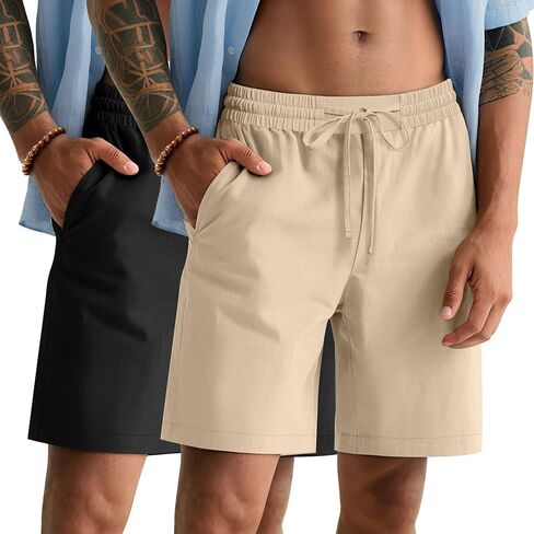 Ficerd 2 حزمة شورتات قطنية للرجال ، سراويل شاطئية مرنة مع جيوب الرباط الصيفية شورت إجازة الصالة الرياضية in Kuwait