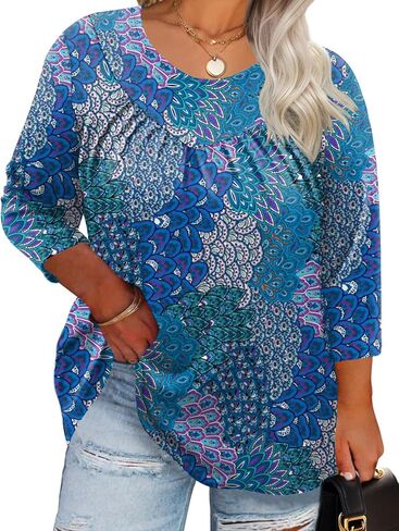 TFSDOD Womens Plus Size Tops 3/4 Length Sleeve Blouses Crew Neck Shirts Casual Loose Tunic Tops 1X-5X in Saudi Arabia