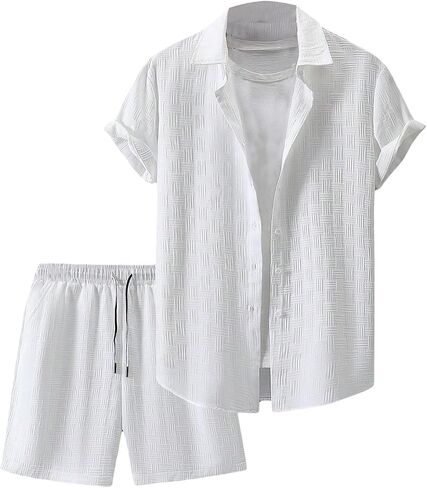 Men's 2 Piece Outfits Short Sleeve Button Down Shirts and Drawstring Shorts Matching Set in Saudi Arabia