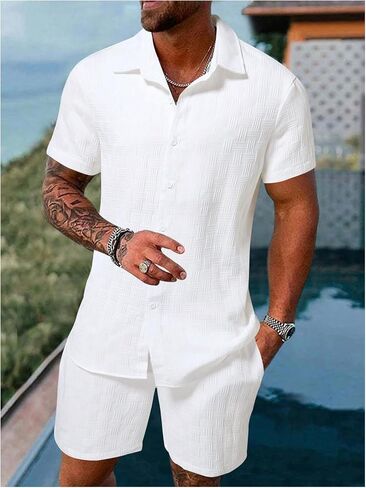 Men's 2 Piece Outfits Short Sleeve Button Down Shirts and Drawstring Shorts Matching Set in Saudi Arabia