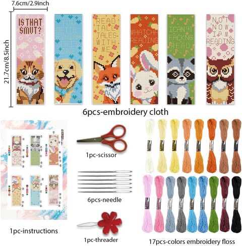BEUNITONE 6 Pcs Highland Cow Cross Stitch Bookmark Kit for Beginner Stamped Embroidery Kit 8''2.4'' in Saudi Arabia