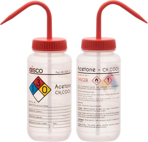 EISCO - 1 Pack Wash Bottle for Acetone, 500ml - Labeled with Color Coded Chemical & Safety Information - Wide Mouth, Self Venting, Low Density Polyethylene in Saudi Arabia