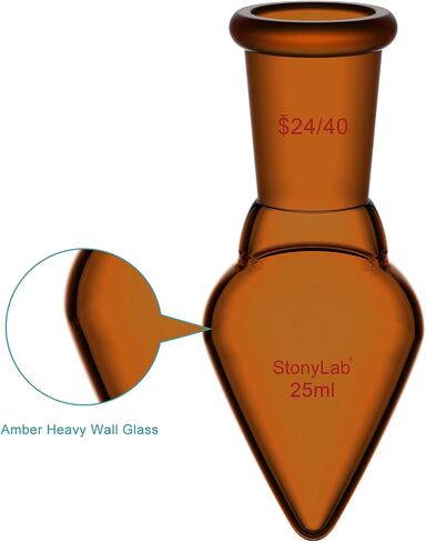 زجاج Stonylab Borosilicate Glass 25 مل قارورة استرداد رقبة ثقيلة من الجدار الفردي مع مفصل خارجي مدفوع 24/40 ، كهرمبر ، على شكل كمثرى ، مثالي للتبخر الدوار واستعادة المحلول in Kuwait