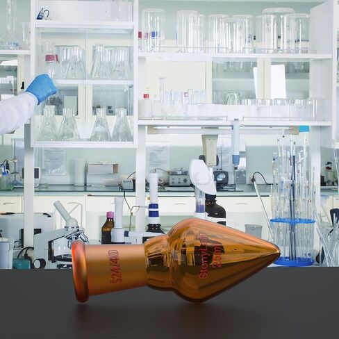 زجاج Stonylab Borosilicate Glass 25 مل قارورة استرداد رقبة ثقيلة من الجدار الفردي مع مفصل خارجي مدفوع 24/40 ، كهرمبر ، على شكل كمثرى ، مثالي للتبخر الدوار واستعادة المحلول in Kuwait