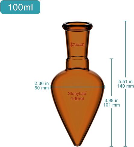 زجاج Stonylab Borosilicate Glass 25 مل قارورة استرداد رقبة ثقيلة من الجدار الفردي مع مفصل خارجي مدفوع 24/40 ، كهرمبر ، على شكل كمثرى ، مثالي للتبخر الدوار واستعادة المحلول in Kuwait