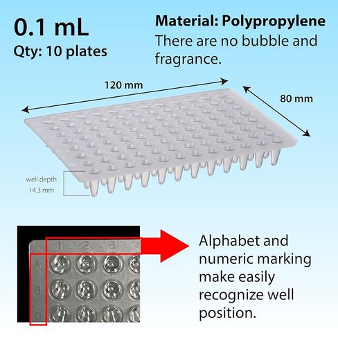 WATSON-BIO-LAB, 137-174C, 0.2 mL, 96 Well PCR Plate, 5 Plates, Natural Color, Autoclavable, Non-Skirted, Made in Japan/Kobe in Kuwait