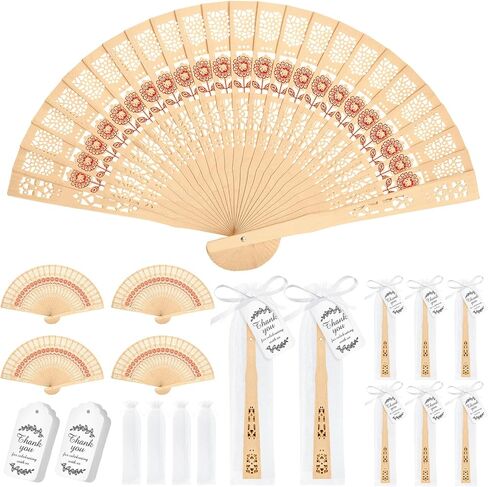 50 Sets Wooden Folding Hand Fans for Wedding Favors Bridal Shower Gifts for Guests, Summer Party Favors Bulk Return Gifts with Organza Bags and Thank You Tag in Saudi Arabia