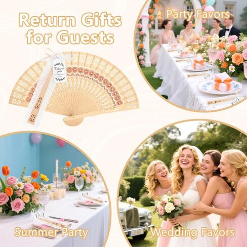 50 Sets Wooden Folding Hand Fans for Wedding Favors Bridal Shower Gifts for Guests, Summer Party Favors Bulk Return Gifts with Organza Bags and Thank You Tag in Saudi Arabia