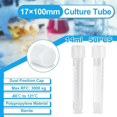 Culture Tube, 14ml Sterile Culture Tube with Dual Position Cap, 17×100mm, Graduation, Polypropylene, Pack of 50 in Kuwait