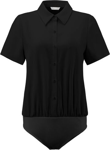 Women's Button Up Bodysuit Short Sleeve Collar Business Work Solid Leotard Shirt Top in Saudi Arabia