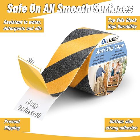 Non Slip Safety Grip Tape for Stairs Steps 2 in x 60Ft Non Skid Tread High Traction Friction, Black Yellow Strong Grip Abrasive Adhesive Hazard Caution Tape in Saudi Arabia