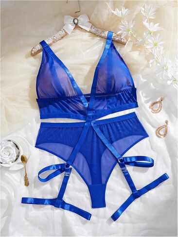 OYOANGLE Women's Plus Size One Piece Teddy Lingerie Sheer Mesh V Neck Garter Belt Babydoll Bodysuits in Saudi Arabia