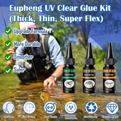 UV Clear Glue Kit (Thick, Thin, Super Flex) + 9 LED UV Power Light for Fly Tying, Fast Curing, Tack-Free, Crystal Clear, Eco-Friendly, Ideal for Fly Heads, Bodies, Wings & Knot Protection in Saudi Arabia