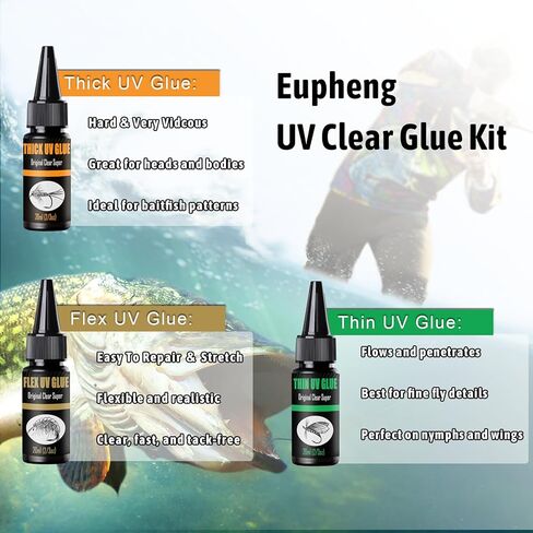 UV Clear Glue Kit (Thick, Thin, Super Flex) + 9 LED UV Power Light for Fly Tying, Fast Curing, Tack-Free, Crystal Clear, Eco-Friendly, Ideal for Fly Heads, Bodies, Wings & Knot Protection in Saudi Arabia