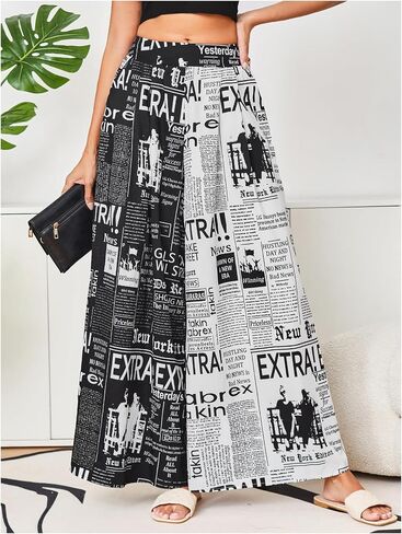 WDIRARA Women's Newspaper Print Palazzo Pants Elastic Waist Loose Funky Letter Print Wide Leg Pants in Saudi Arabia