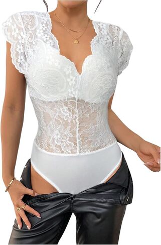 MakeMeChic Women's Floral Lace Sheer Bodysuit Deep V Neck Cap Sleeve Scallop Leotard Tops in Saudi Arabia