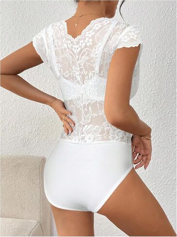 MakeMeChic Women's Floral Lace Sheer Bodysuit Deep V Neck Cap Sleeve Scallop Leotard Tops in Saudi Arabia