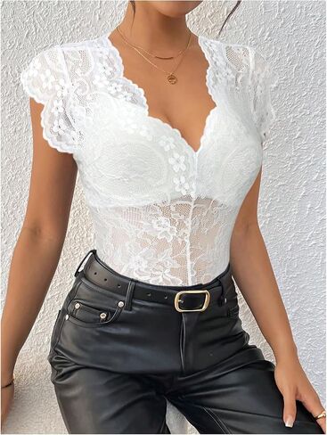 MakeMeChic Women's Floral Lace Sheer Bodysuit Deep V Neck Cap Sleeve Scallop Leotard Tops in Saudi Arabia