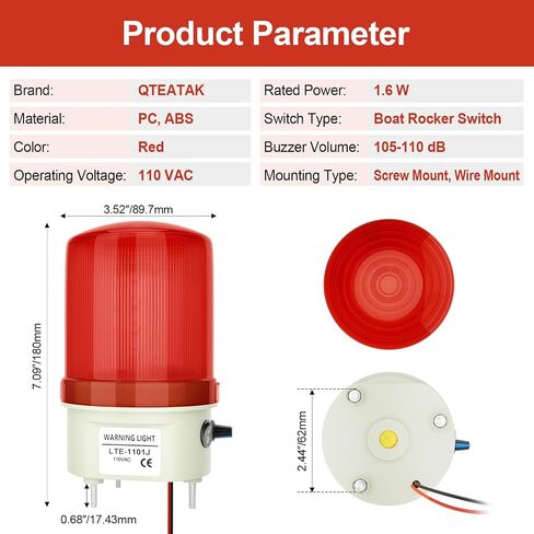 مصطلح LED الصناعي الدوران القوي ، 110 VAC صوت وإنذار الضوء مع المقبض والتبديل ، 105-110 ديسيبل مصباح إنذار طوارئ قابل للتعديل للاستخدام الداخلي/الخارجي in Kuwait