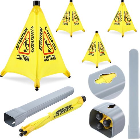 4-Packs Wet Floor Signs 20 Inch, Pop UP Bilingual Yellow Caution Wet Floor Sign with Wall Mounted Storage Tube Foldable, Slip Carefully Safety Cone Signs Pop up Caution Commercial Sign in Kuwait