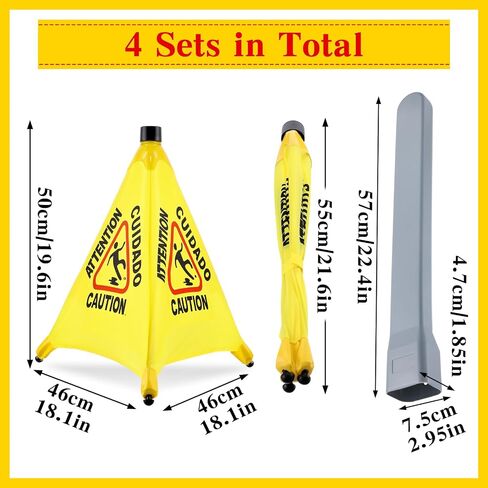 4-Packs Wet Floor Signs 20 Inch, Pop UP Bilingual Yellow Caution Wet Floor Sign with Wall Mounted Storage Tube Foldable, Slip Carefully Safety Cone Signs Pop up Caution Commercial Sign in Kuwait
