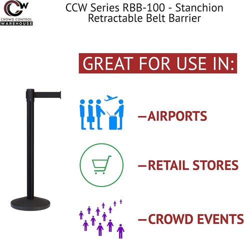 سلسلة CCW CCW Series RBB -100 - مجموعة من حواجز الحزام القابلة للسحب قابلة للسحب ، حزام أسود 11 قدمًا ، بوست أسود - عوائق مكافحة الحشود المتميزة ، والدعامات ذات الأحزمة القابلة للسحب in Kuwait