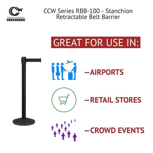 Crowd Control Warehouse CCW Series RBB-100 - Set of 2 Stanchion Retractable Belt Barriers, 11 Foot Black Belt, Black Post - Premium Crowd Control Barriers, Stanchions with Retractable Belts in Saudi Arabia