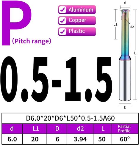 2pcs Metric Carbide Thread Milling Cutter Thread End Mill for Aluminum Thread Angle 60 Degree CNC Metal Processing Replacement Taps - D6.0，pitch0.5~1.5 in Kuwait