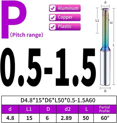 2pcs Metric Carbide Thread Milling Cutter Thread End Mill for Aluminum Thread Angle 60 Degree CNC Metal Processing Replacement Taps - D6.0，pitch0.5~1.5 in Kuwait