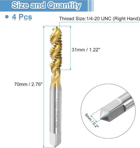 uxcell 4pcs Spiral Flute Thread Taps, 1/4-20 UNC H2 Screw Threading Tap, Titanium Coated 6542 High Speed Steel Machine Tapping Tools for Machinist Repair in Saudi Arabia