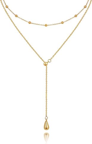 Lariat Gold Necklaces for Women - 18k Gold Plated Long Necklace,Y-Shaped Choker Simple Necklace Layered Beaded Chain Drop Necklace Trendy Jewelry Hypoallergenic,Valentine Day Wedding Prom Gift For Her in Kuwait