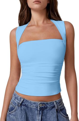 Qinsen Womens Square Deque Tank Tops Side Ruched مزدوج مبطن Slim Fit Summer Out Out Crop Top in Saudi Arabia