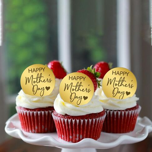 Happy Mothers Day Cupcake Toppers Acrylic 24 piece Rosegold Rhombus Cake Toppers Engraved Topper for Mother's Day Birthday Party Decorations in Kuwait